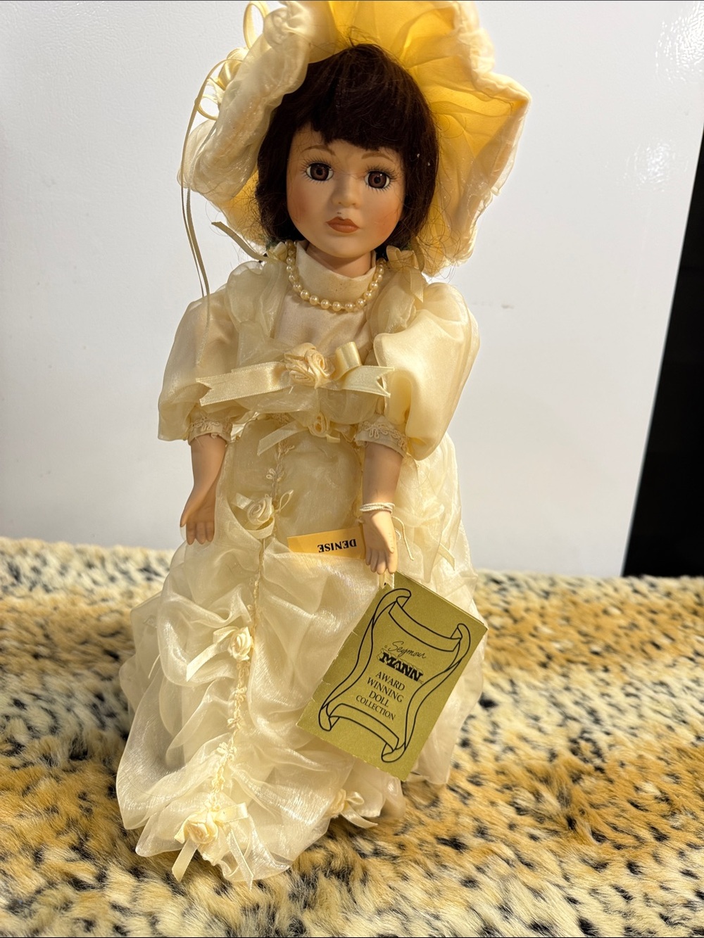 Vintage-Style Porcelain Doll in Cream Dress with Bonnet